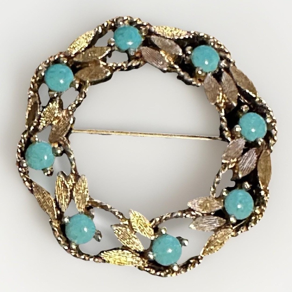 Vintage Panetta Circle Wreath Pin Gold Tone & Turquoise